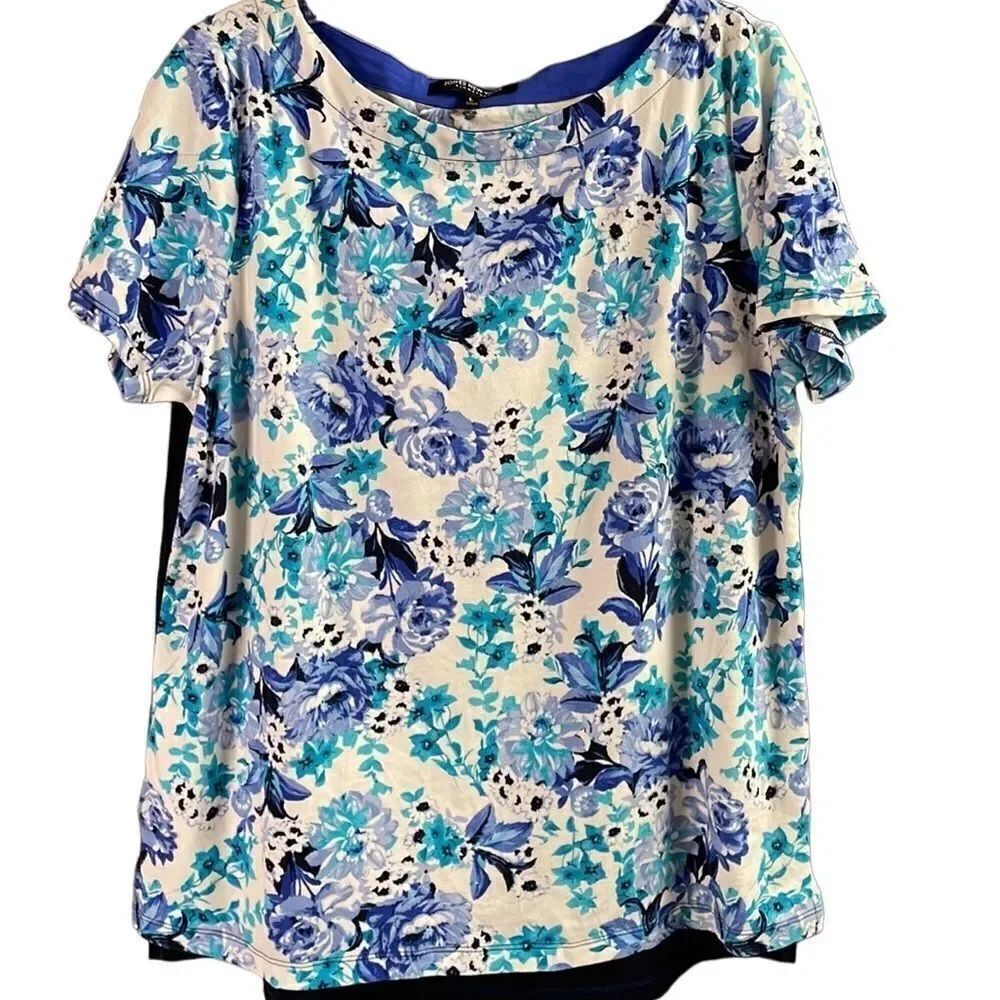 JONES NEW YORK Ladies Scoop Neck Floral Short Sleeve Top Shirt Size L Blue Teal